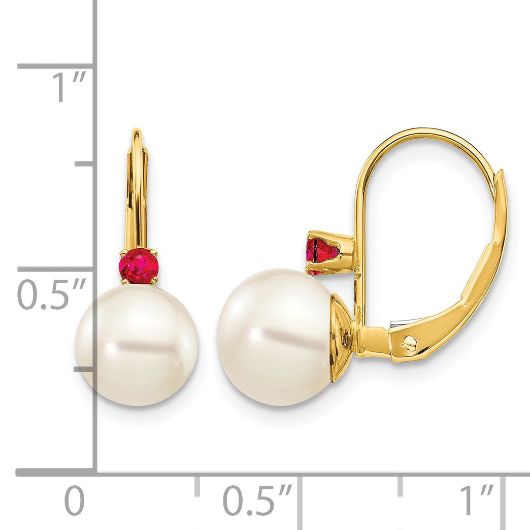 14k 7-7.5mm White Round Freshwater Cultured Pearl and .24RU Ruby Leverback Earrings