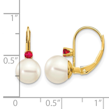 14k 7-7.5mm White Round Freshwater Cultured Pearl and .24RU Ruby Leverback Earrings