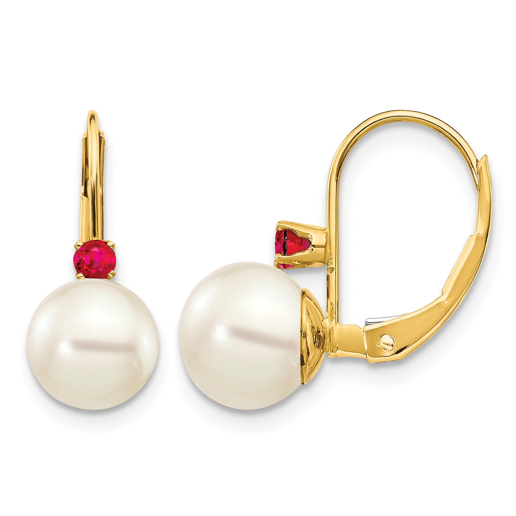 14k 7-7.5mm White Round Freshwater Cultured Pearl and .24RU Ruby Leverback Earrings