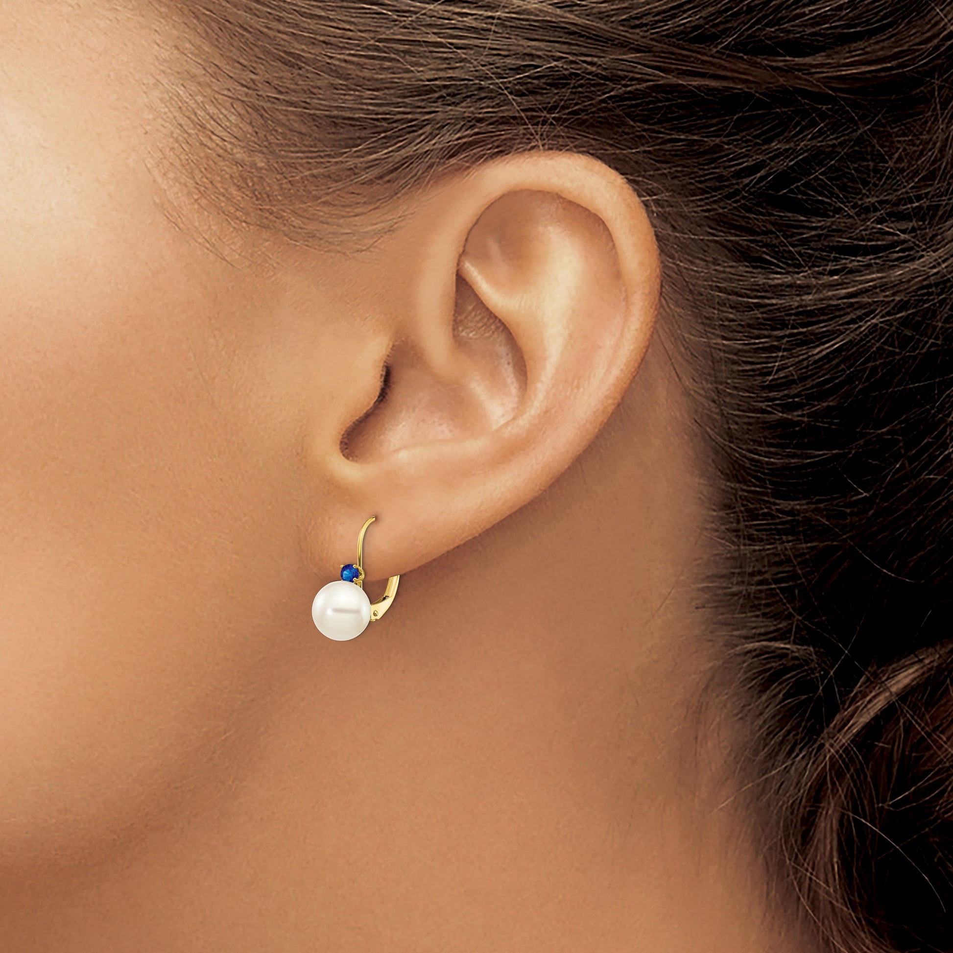 14k 7-7.5mm White Round Freshwater Cultured Pearl and .26SA Sapphire Leverback Earrings