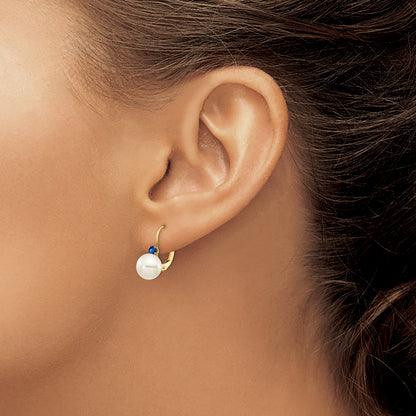 14k 7-7.5mm White Round Freshwater Cultured Pearl and .26SA Sapphire Leverback Earrings