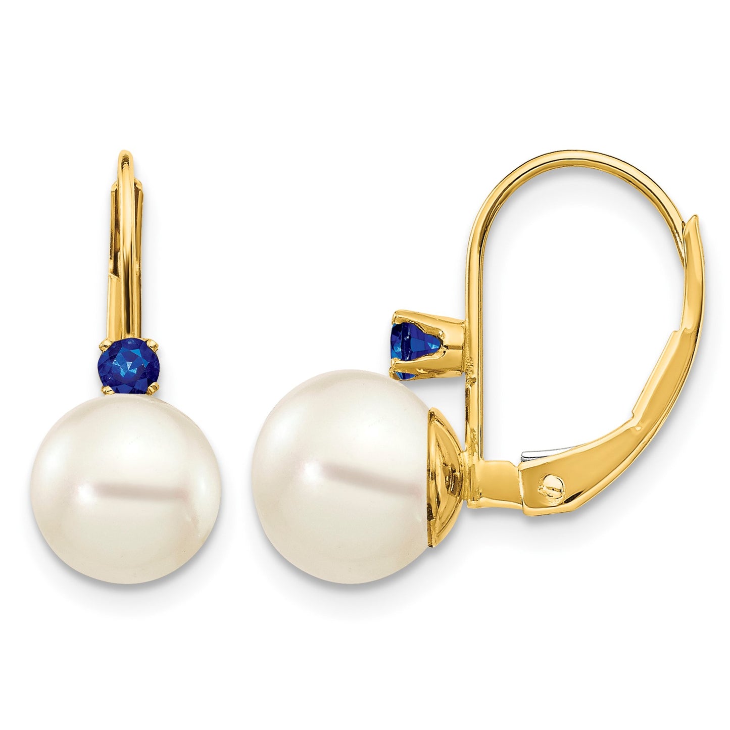 14k 7-7.5mm White Round Freshwater Cultured Pearl and .26SA Sapphire Leverback Earrings