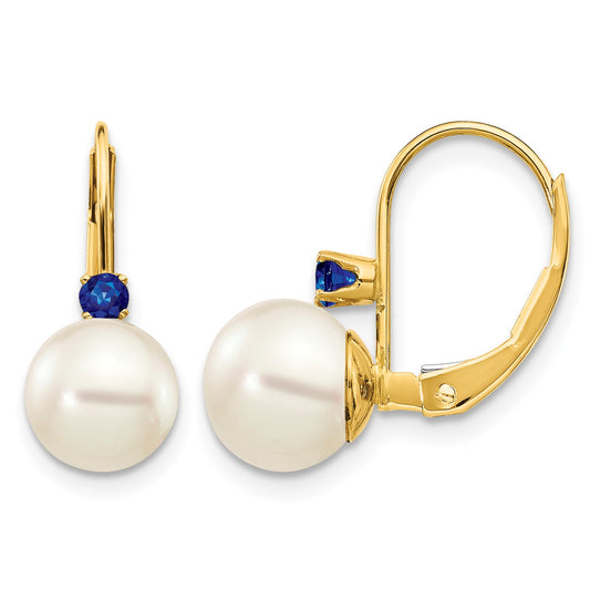 14k 7-7.5mm White Round Freshwater Cultured Pearl and .26SA Sapphire Leverback Earrings