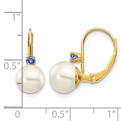 14k 7-7.5mm White Round Freshwater Cultured Pearl and .18TZ Tanzanite Leverback Earrings