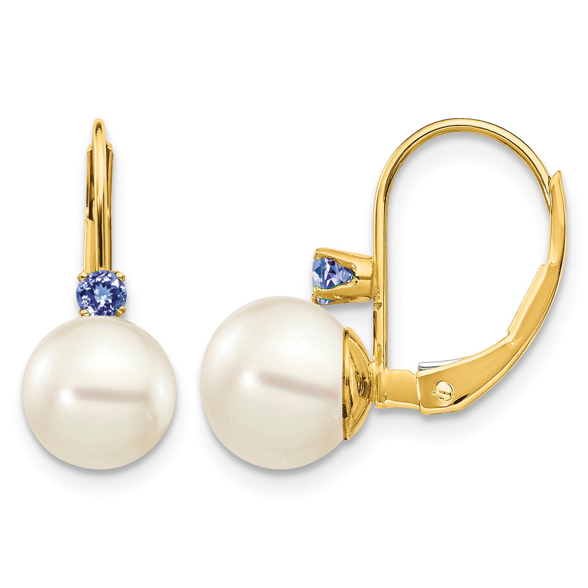 14k 7-7.5mm White Round Freshwater Cultured Pearl and .18TZ Tanzanite Leverback Earrings
