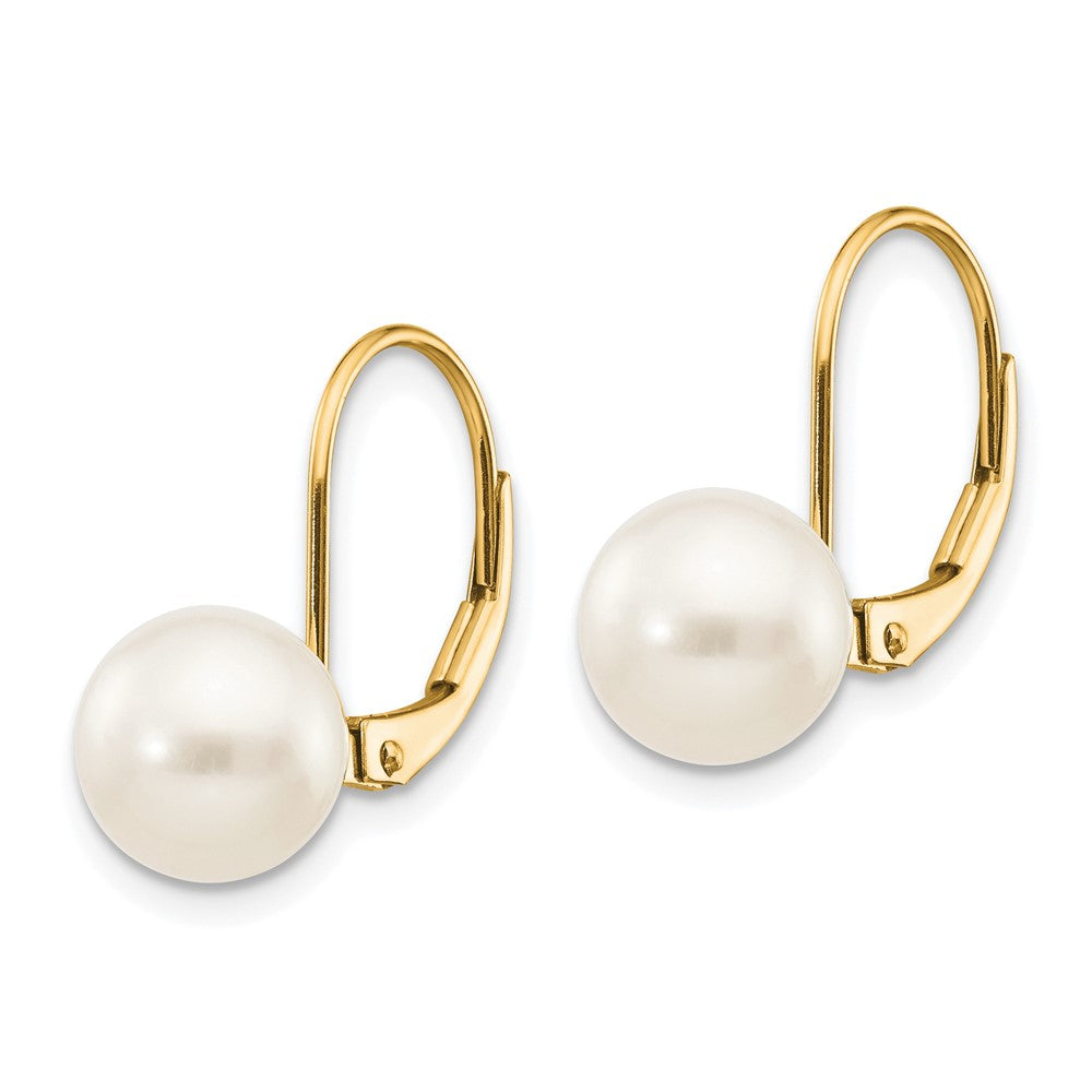 14k 8-9mm White Round Freshwater Cultured Pearl Leverback Earrings