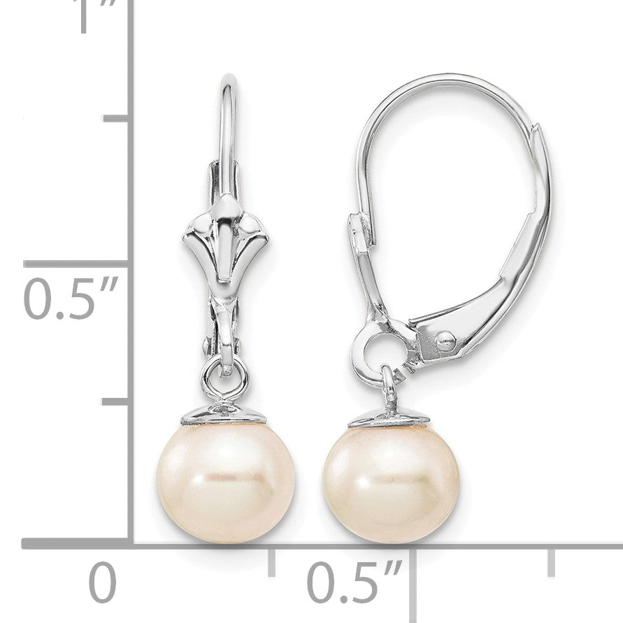 14k White Gold 6-7mm White Round Freshwater Cultured Pearl Dangle Leverback Earrings