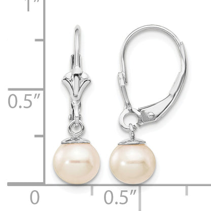 14k White Gold 6-7mm White Round Freshwater Cultured Pearl Dangle Leverback Earrings