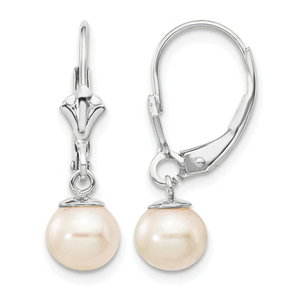 14k White Gold 6-7mm White Round Freshwater Cultured Pearl Dangle Leverback Earrings