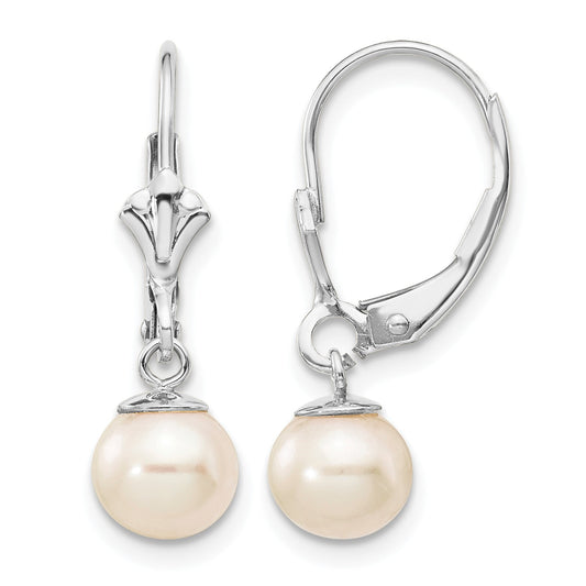 14k White Gold 6-7mm White Round Freshwater Cultured Pearl Dangle Leverback Earrings