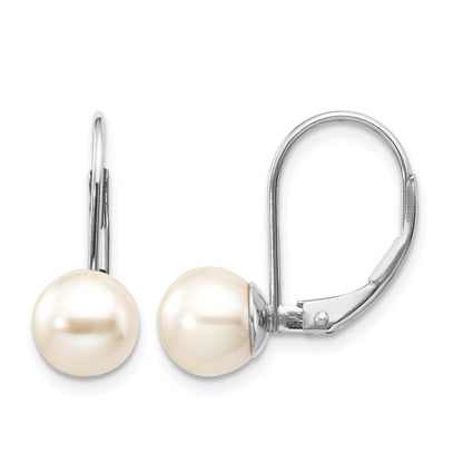 14k White Gold 7-8mm Round Freshwater Cultured Pearl Leverback Earrings