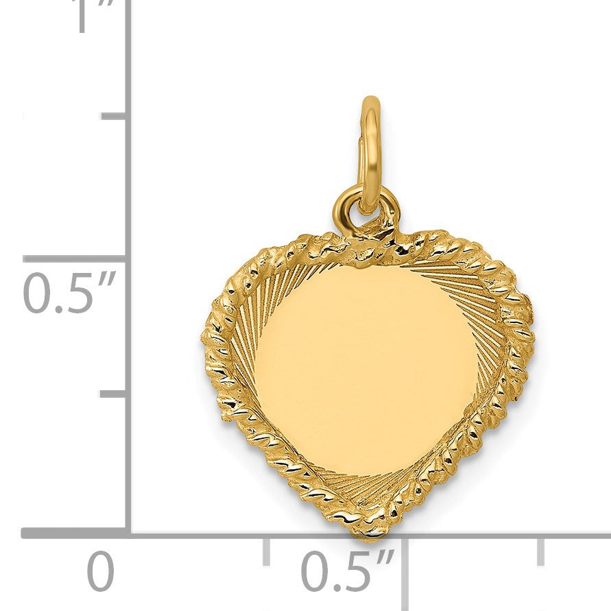14k Etched Design with Rope Edge .013 Gauge Engravable Heart 17x19mm Disc Charm