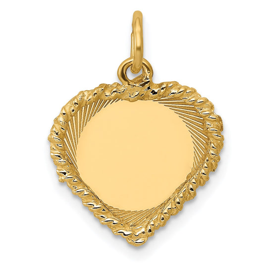 14k Etched Design with Rope Edge .013 Gauge Engravable Heart 17x19mm Disc Charm