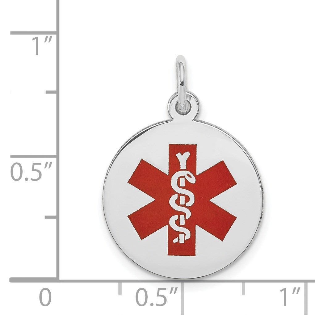 14k White Gold 16mm Round Red Enameled Medical Jewelry Pendant