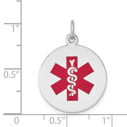 14k White Gold 19mm Round Red Enameled Medical Jewelry Pendant