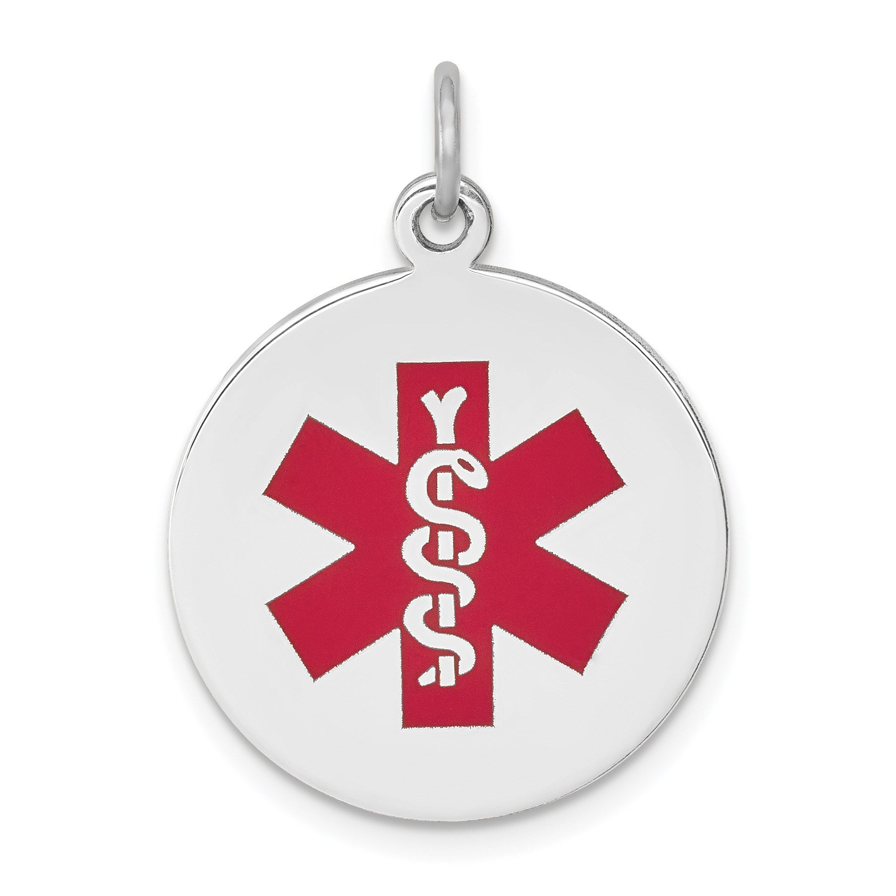 14k White Gold 19mm Round Red Enameled Medical Jewelry Pendant