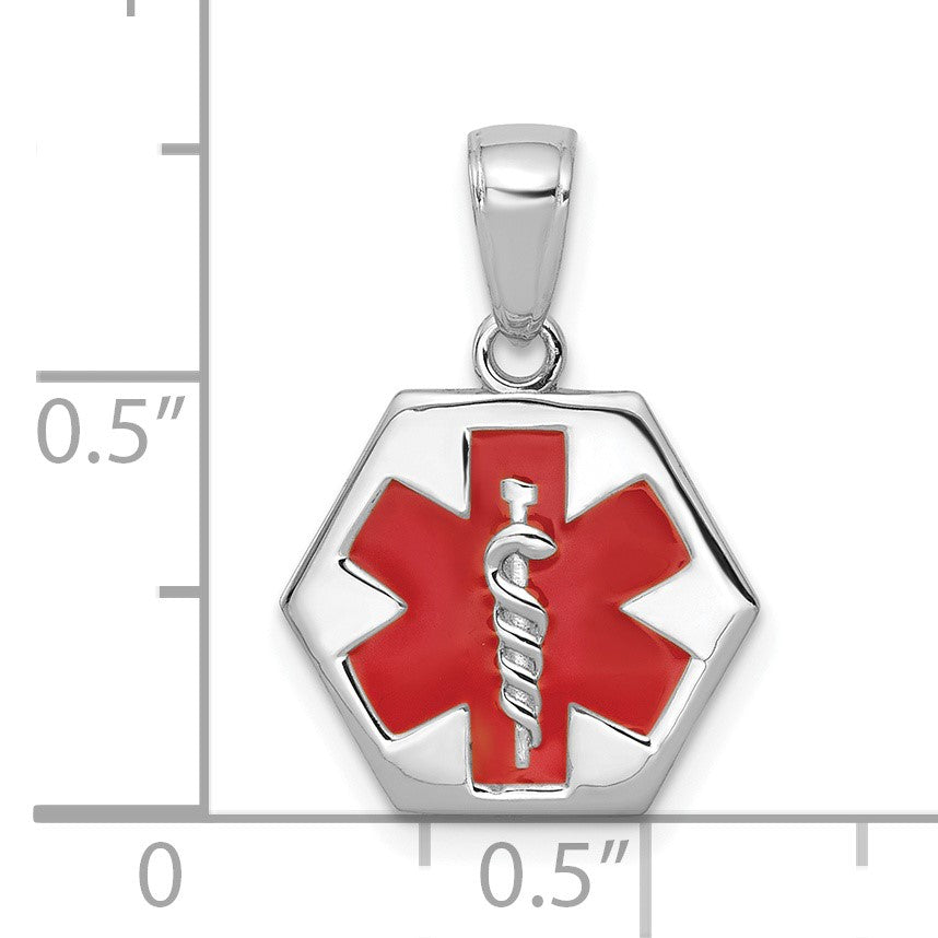14K White Gold Textured Back Red Enameled Medical Disk Pendant