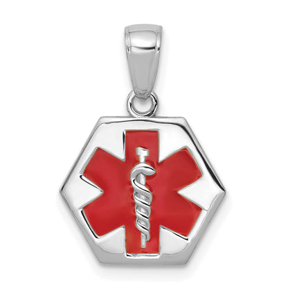 14K White Gold Textured Back Red Enameled Medical Disk Pendant