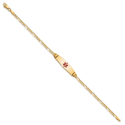 14K Medical Solid Chain/Solid Plate 24x7mm Soft Diamond Shape Centered Red Enamel Figaro Link 7 inch ID Bracelet
