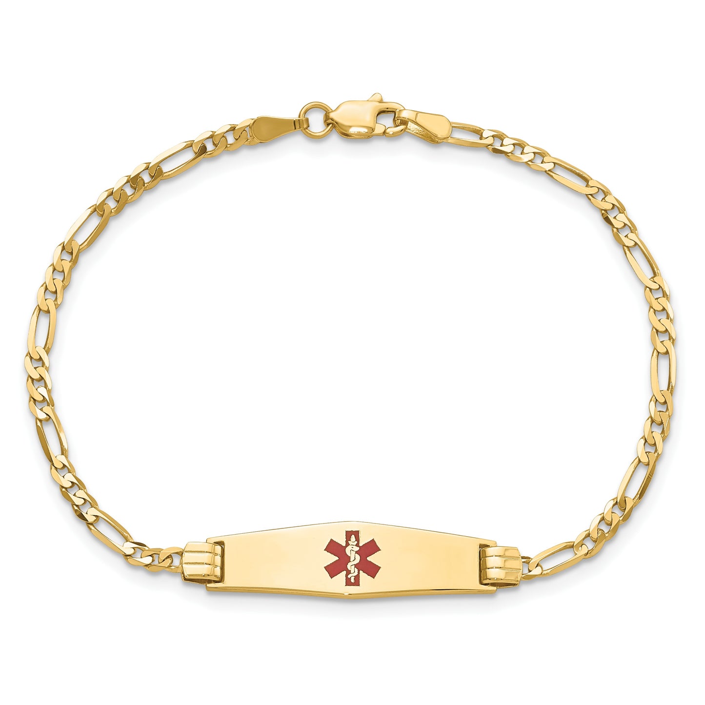 14K Medical Solid Chain/Solid Plate 24x7mm Soft Diamond Shape Centered Red Enamel Figaro Link 8 inch ID Bracelet