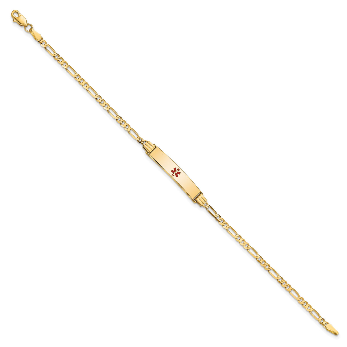 14K Medical Solid Chain/Solid Plate 26x5mm Centered Red Enamel Figaro Link 7 inch ID Bracelet