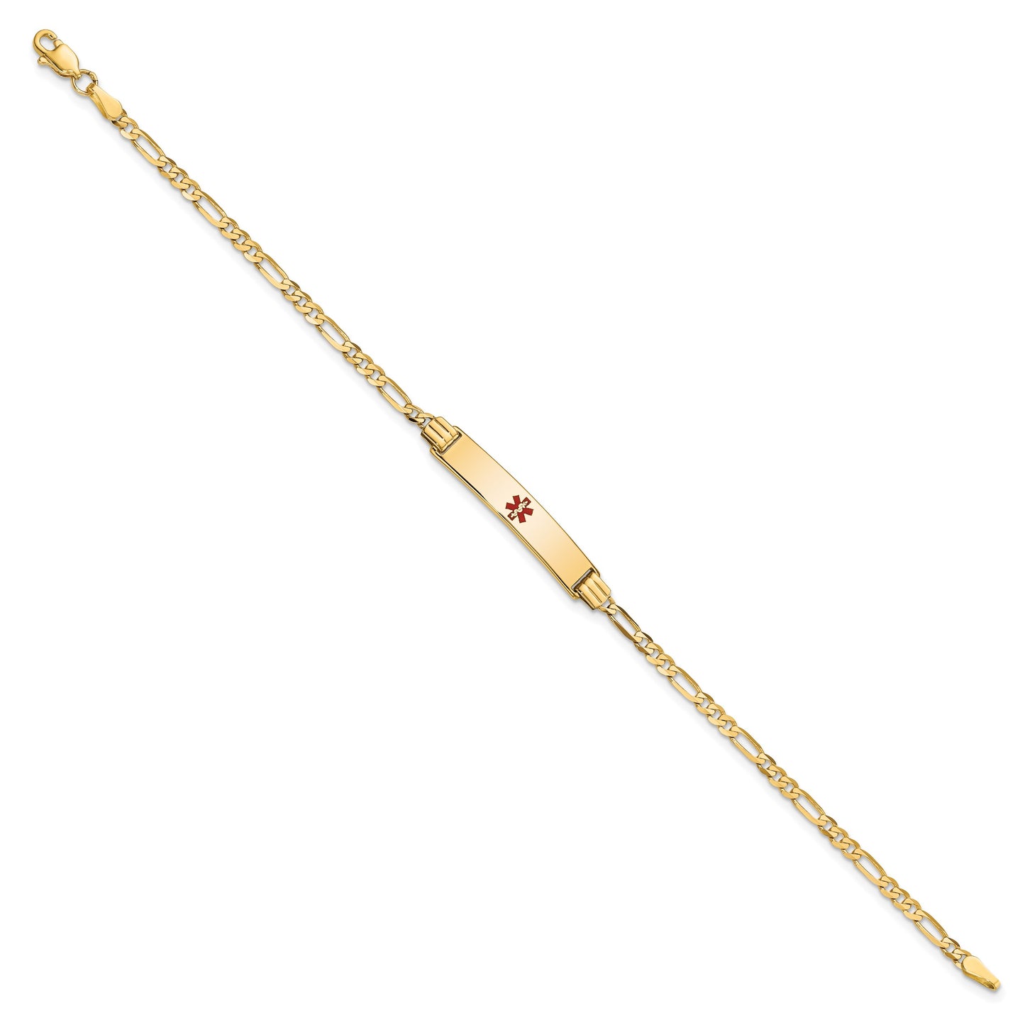 14K Medical Solid Chain/Solid Plate 26x5mm Centered Red Enamel Figaro Link 8 inch ID Bracelet