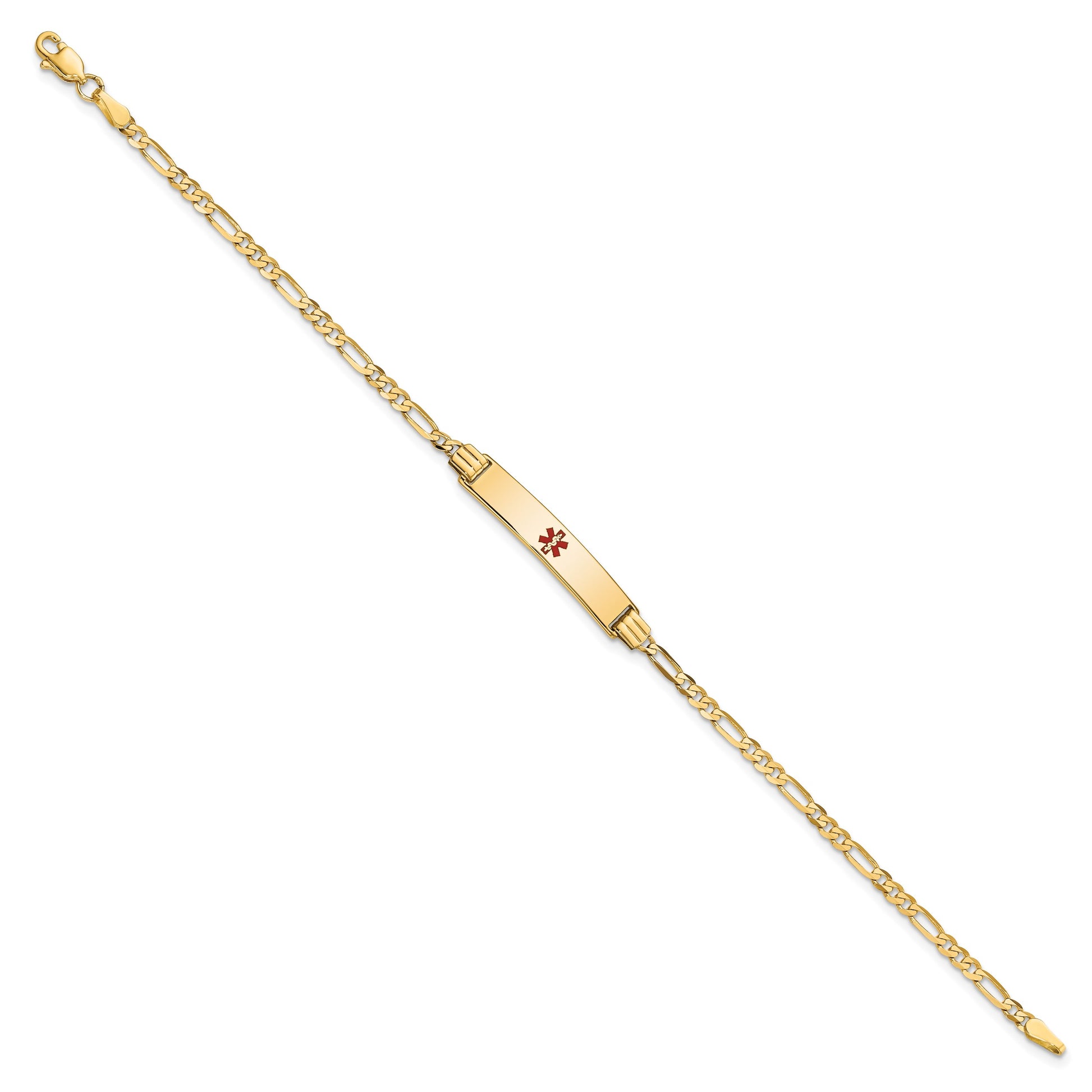 14K Medical Solid Chain/Solid Plate 26x5mm Centered Red Enamel Figaro Link 8 inch ID Bracelet