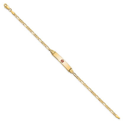 14K Medical Solid Chain/Solid Plate 26x5mm Centered Red Enamel Figaro Link 8 inch ID Bracelet