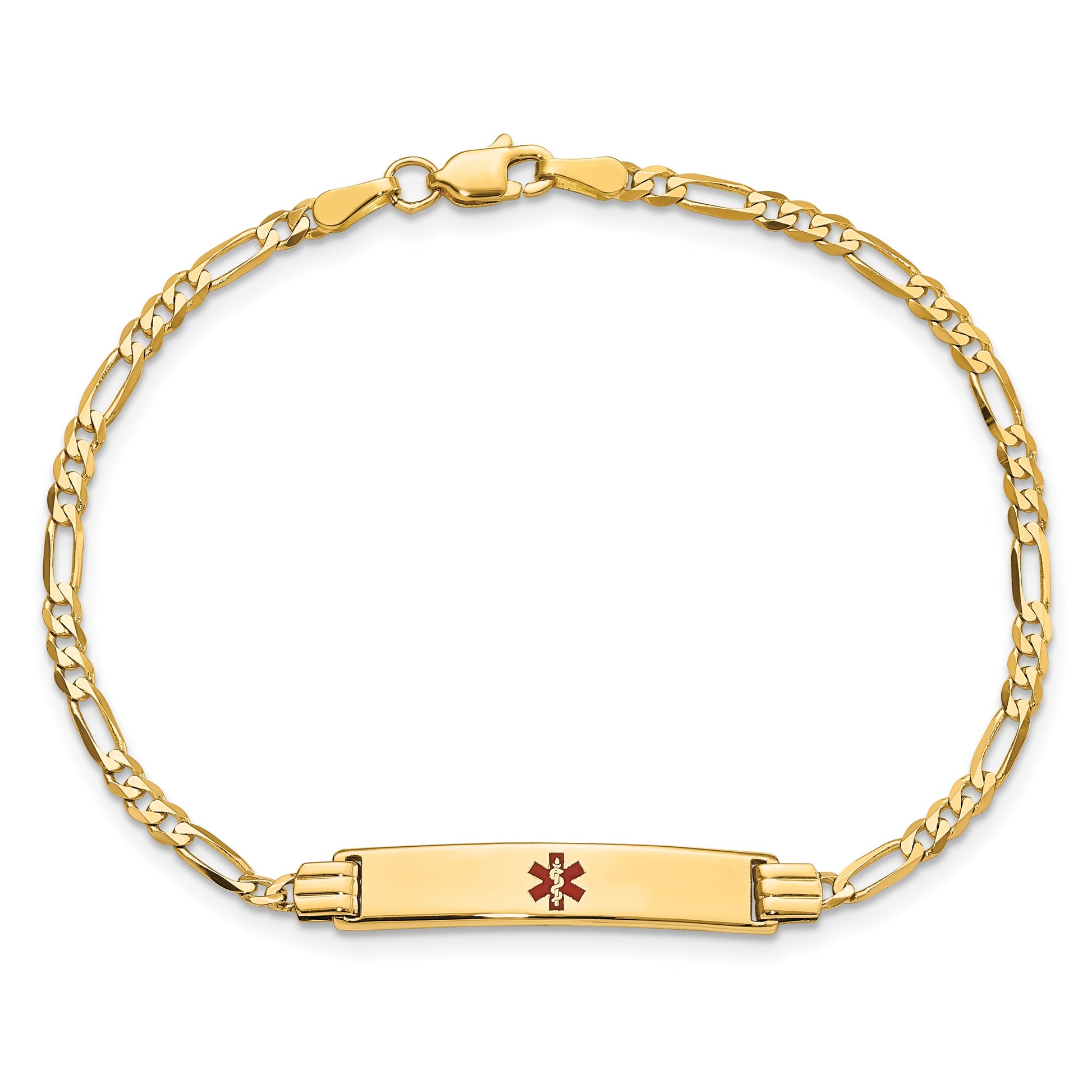 14K Medical Solid Chain/Solid Plate 26x5mm Centered Red Enamel Figaro Link 8 inch ID Bracelet