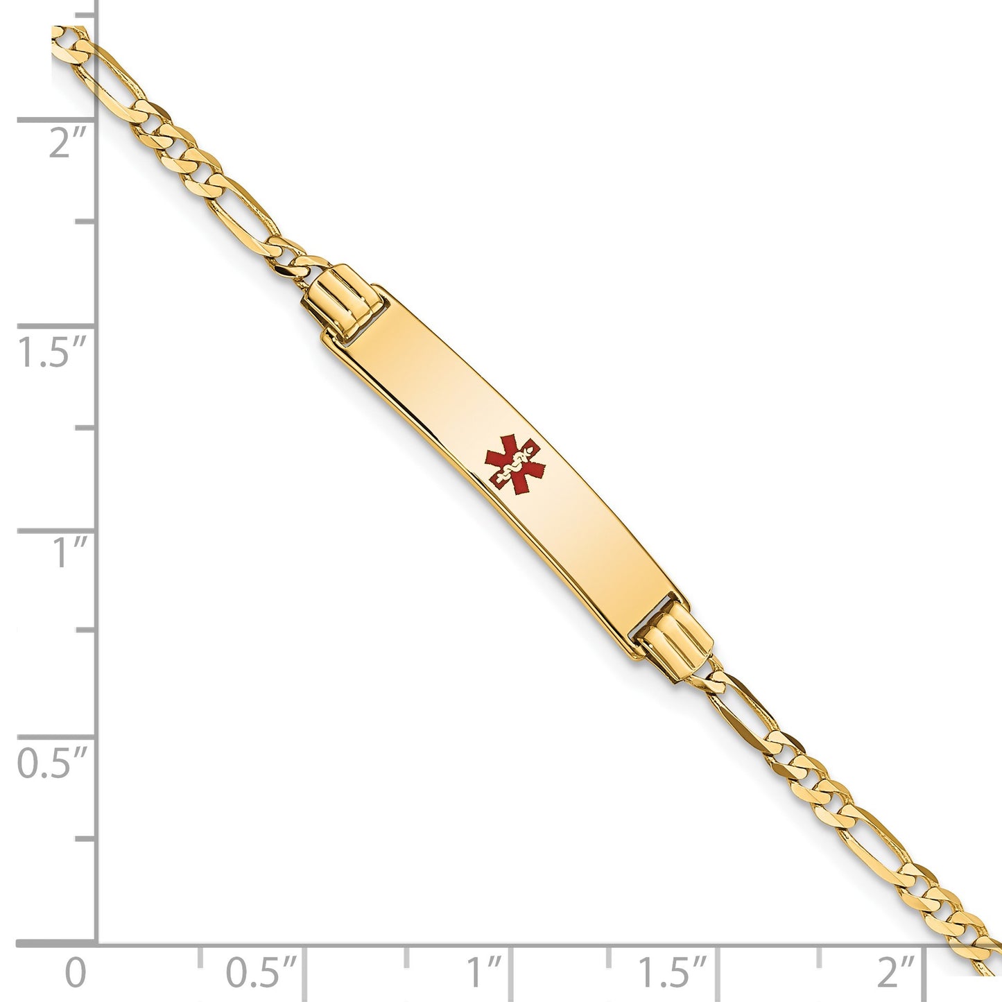 14K Medical Solid Chain/Solid Plate 26x5mm Centered Red Enamel Figaro Link 8 inch ID Bracelet