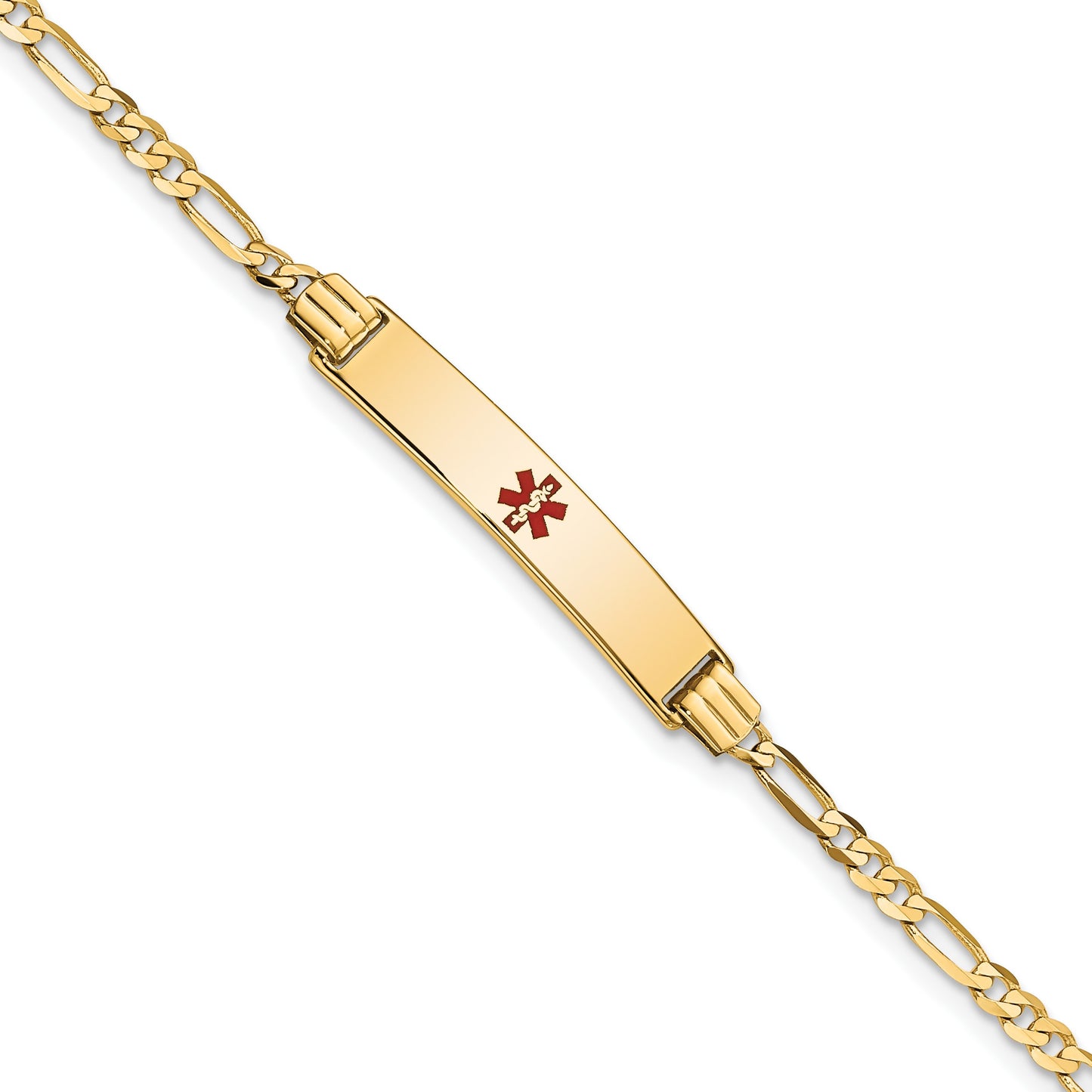 14K Medical Solid Chain/Solid Plate 26x5mm Centered Red Enamel Figaro Link 8 inch ID Bracelet