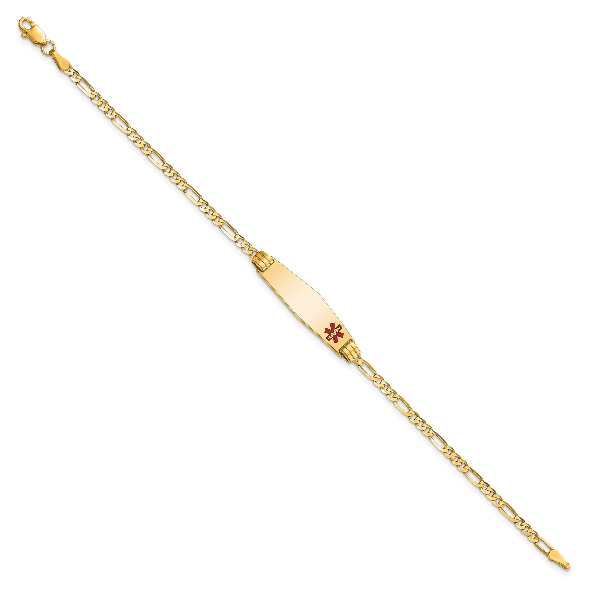 14K Medical Solid Chain/Solid Plate 26x7mm Soft Diamond Shape Off-Center Red Enamel Figaro Link 7 inch ID Bracelet