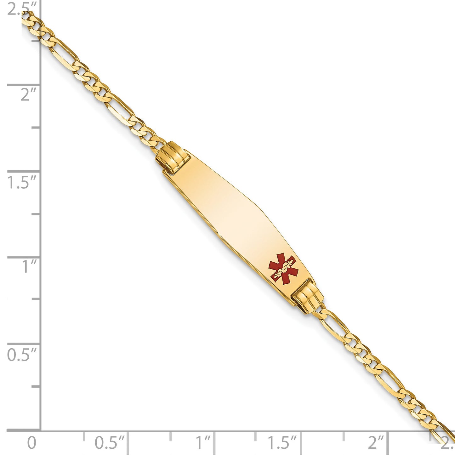 14K Medical Solid Chain/Solid Plate 26x7mm Soft Diamond Shape Off-Center Red Enamel Figaro Link 7 inch ID Bracelet