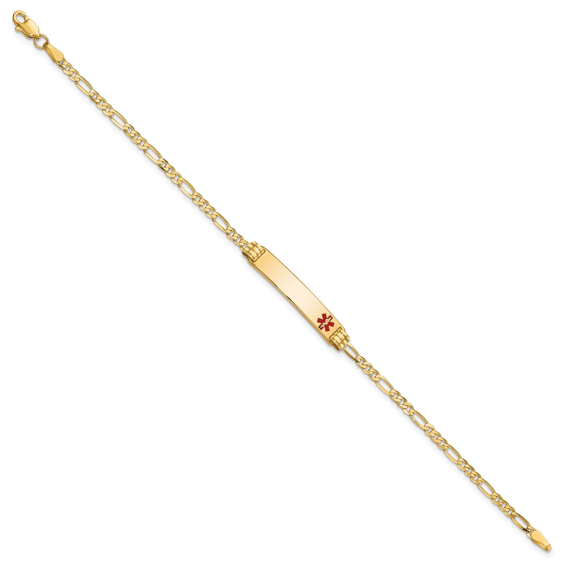14K Medical Solid Chain/Solid Plate 26x5mm Off-Center Red Enamel Figaro Link 7 inch ID Bracelet