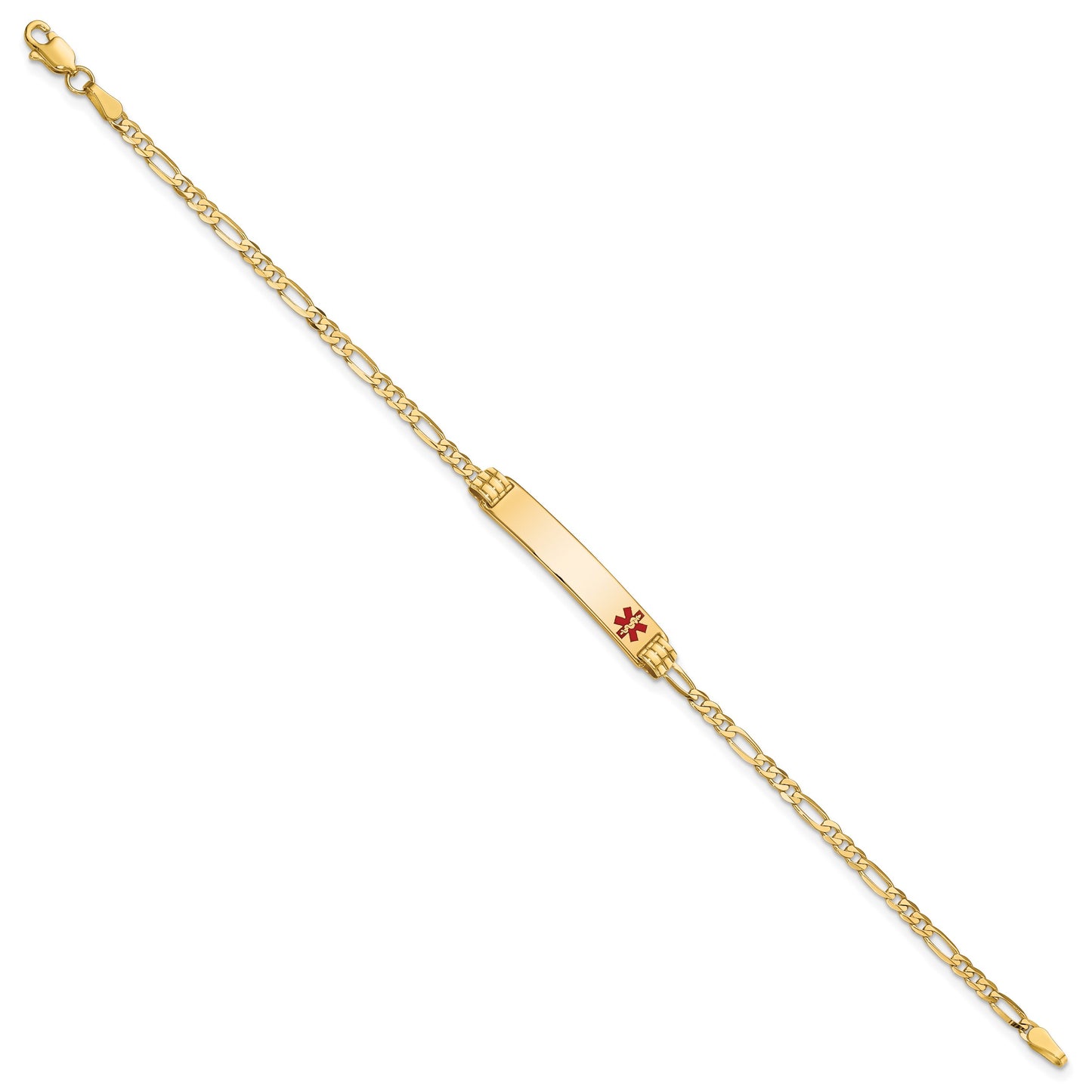 14K Medical Solid Chain/Solid Plate 26x5mm Off-Center Red Enamel Figaro Link 8 inch ID Bracelet