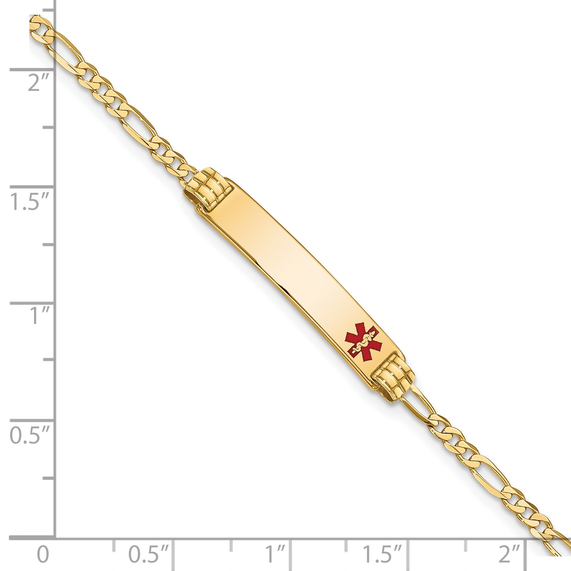 14K Medical Solid Chain/Solid Plate 26x5mm Off-Center Red Enamel Figaro Link 7 inch ID Bracelet