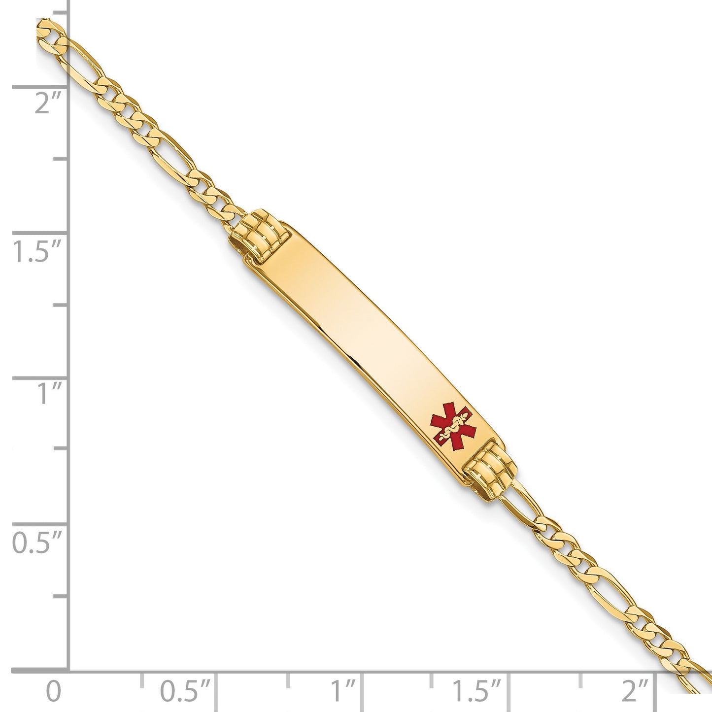 14K Medical Solid Chain/Solid Plate 26x5mm Off-Center Red Enamel Figaro Link 8 inch ID Bracelet