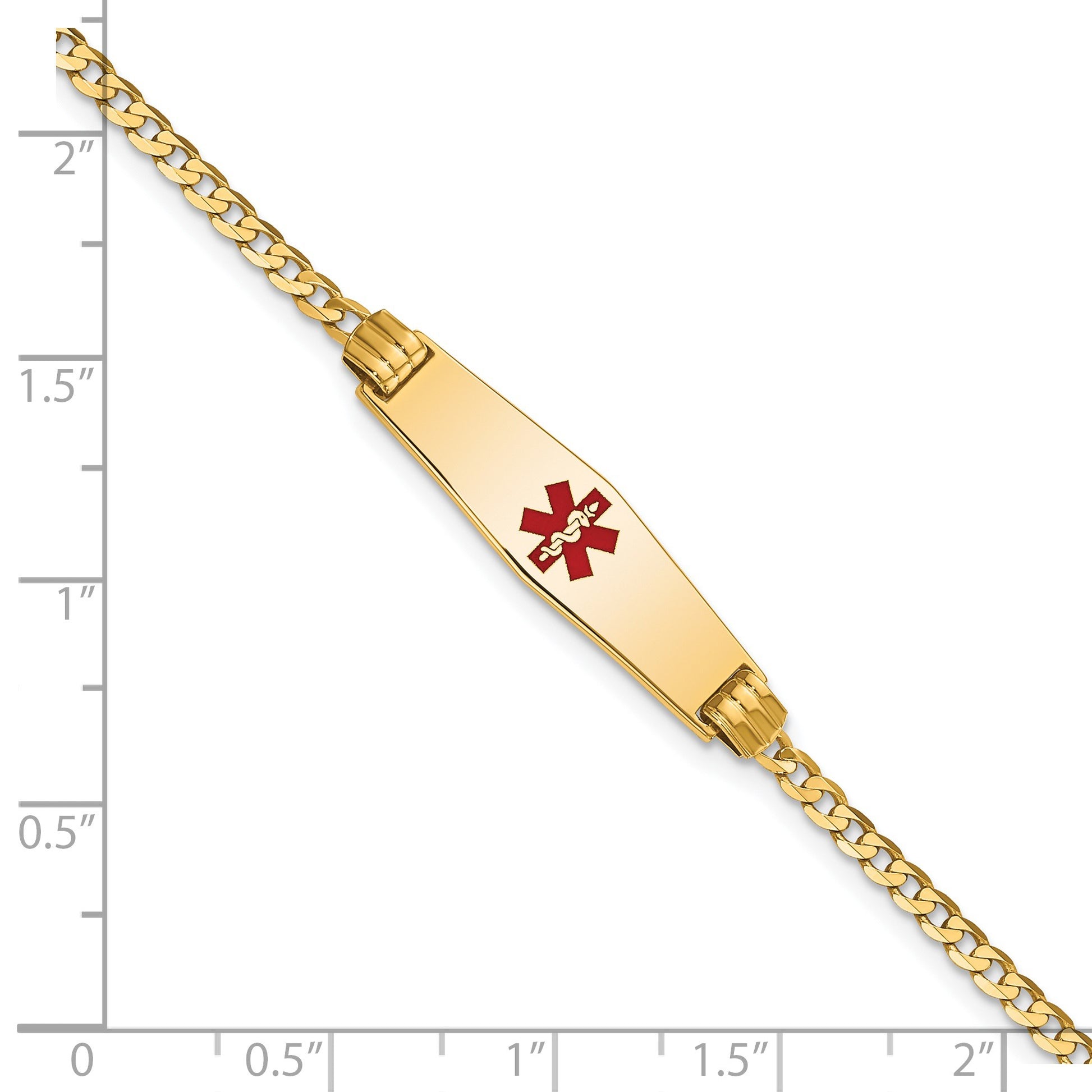 14K Medical Solid Chain/Solid Plate 24x7mm Soft Diamond Shape Centered Red Enamel Curb Link 7 inch ID Bracelet
