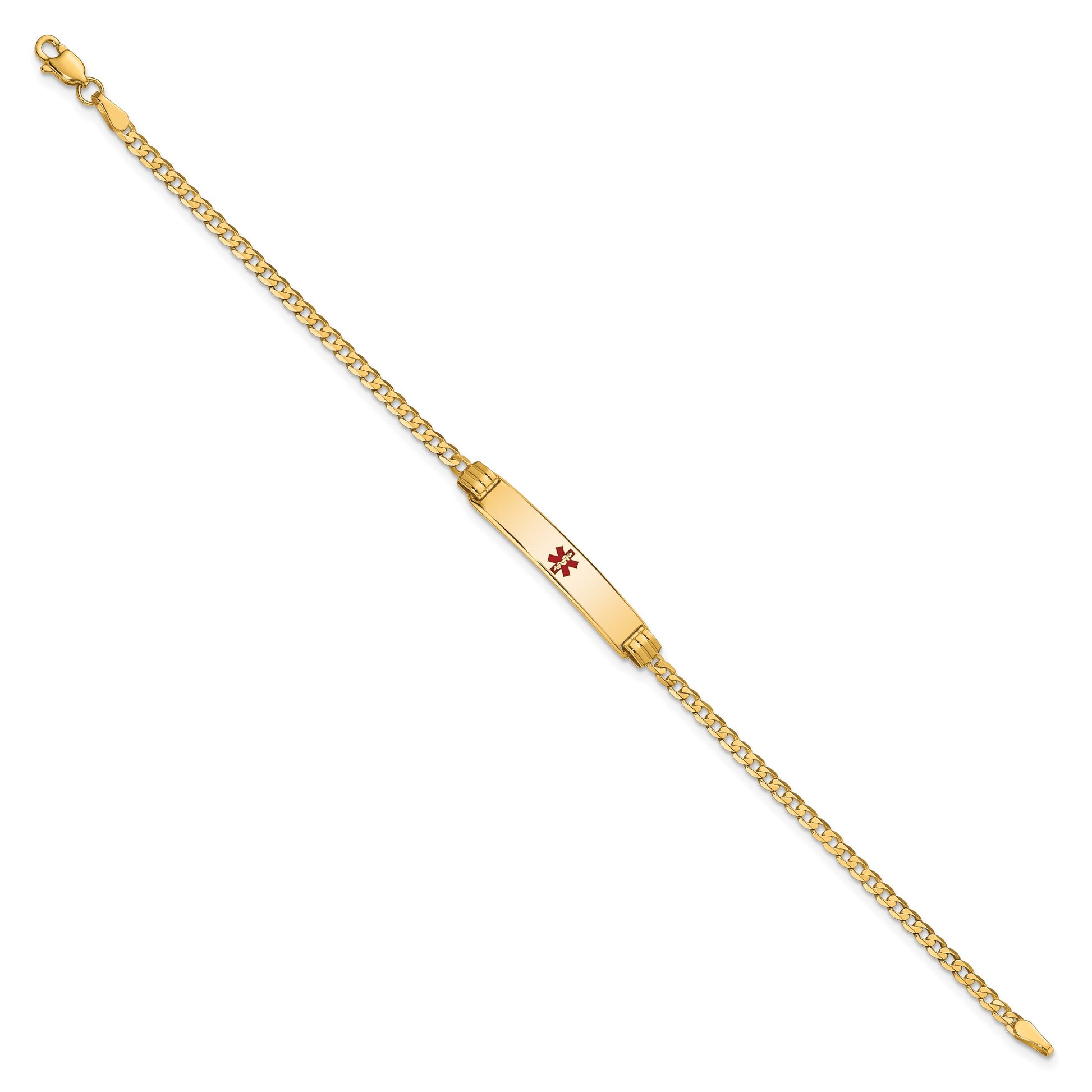 14K Medical Solid Chain/Solid Plate 26x5mm Centered Red Enamel Curb Link 7 inch ID Bracelet