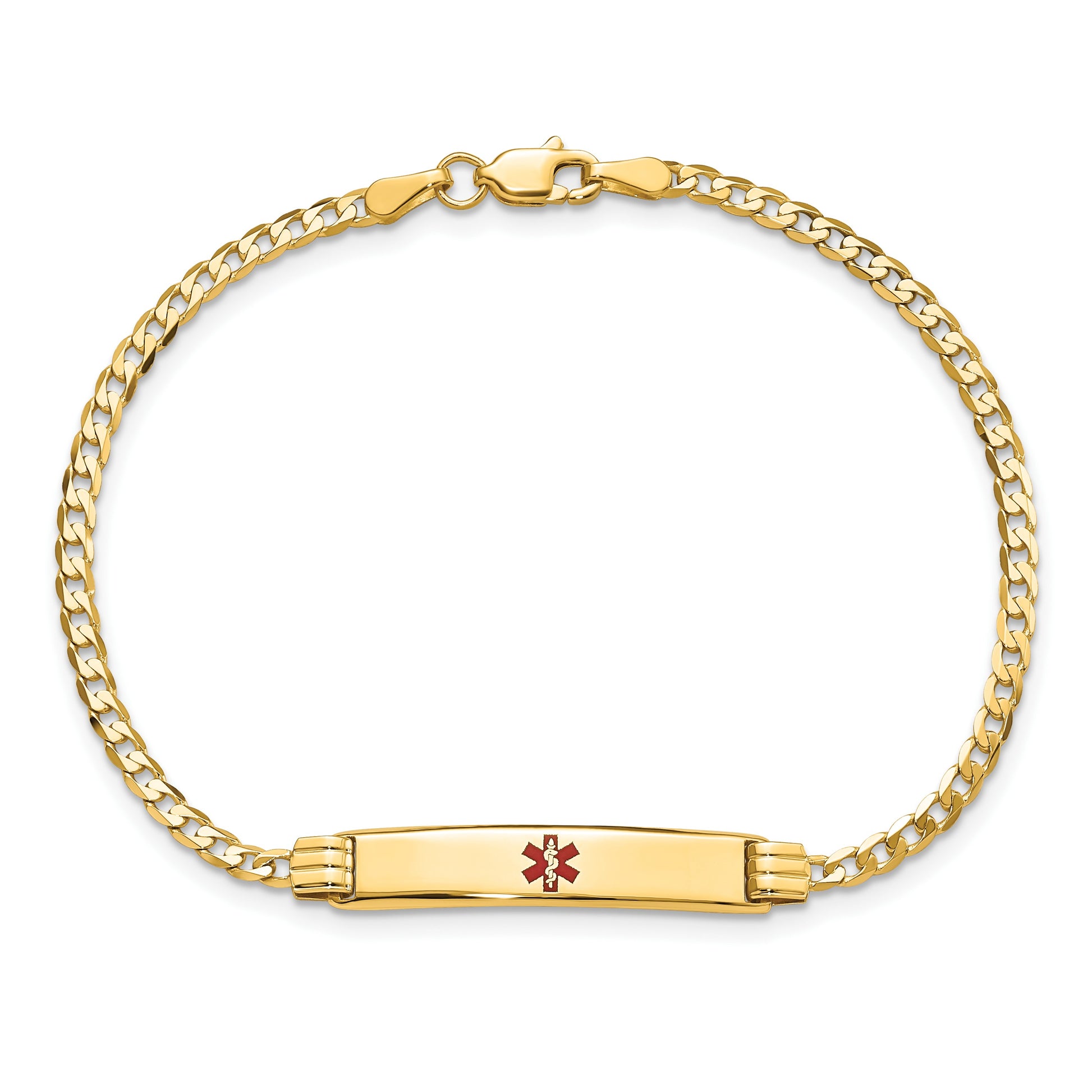14K Medical Solid Chain/Solid Plate 26x5mm Centered Red Enamel Curb Link 7 inch ID Bracelet