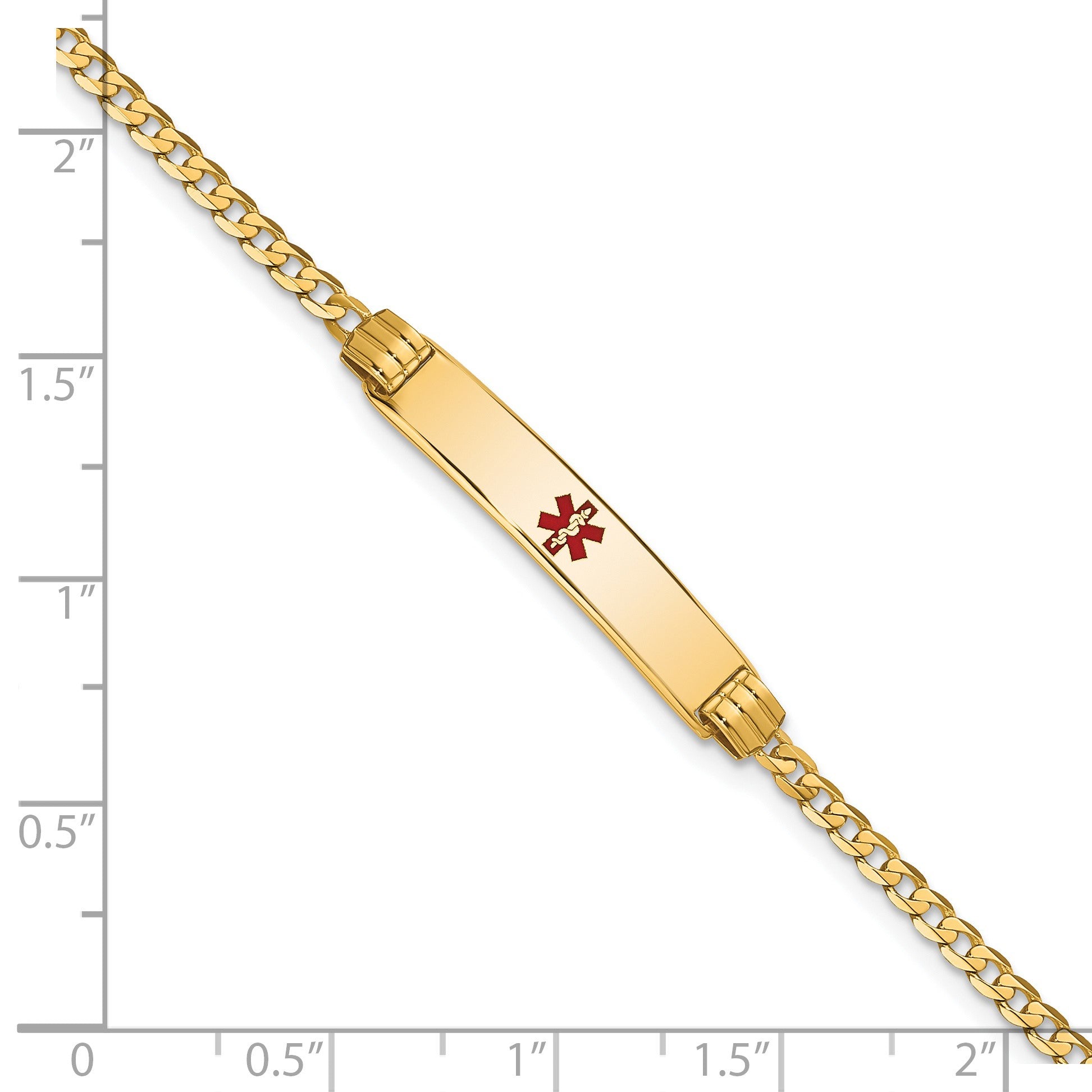 14K Medical Solid Chain/Solid Plate 26x5mm Centered Red Enamel Curb Link 7 inch ID Bracelet
