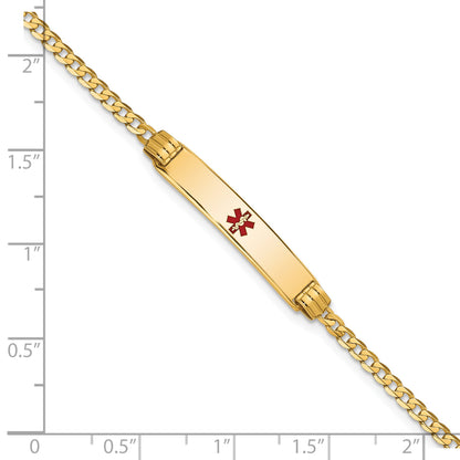 14K Medical Solid Chain/Solid Plate 26x5mm Centered Red Enamel Curb Link 7 inch ID Bracelet