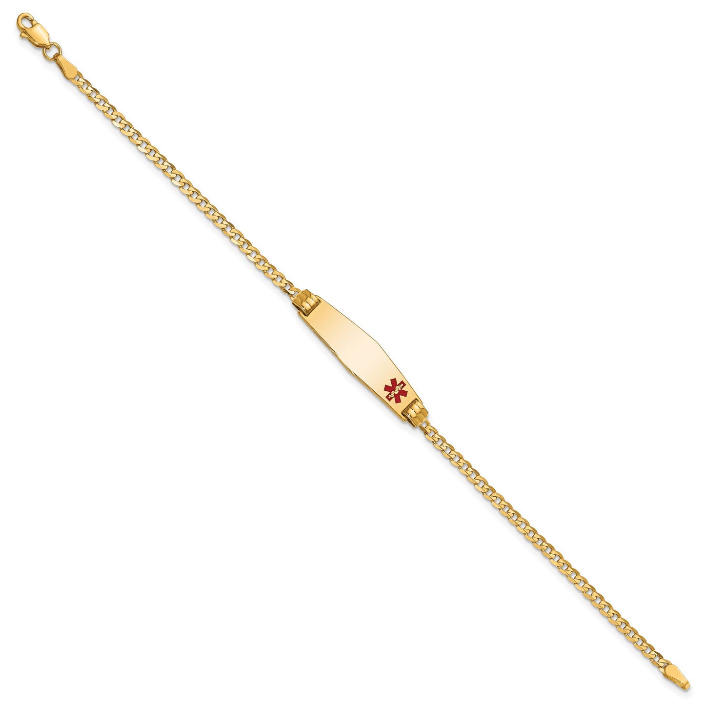 14K Medical Solid Chain/Solid Plate 26x7mm Soft Diamond Shape Off-Center Red Enamel Curb Link 7 inch ID Bracelet