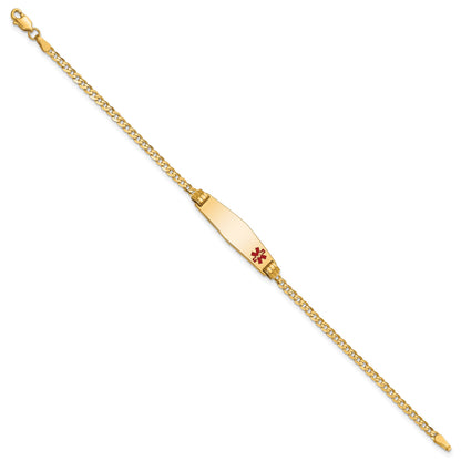 14K Medical Solid Chain/Solid Plate 26x7mm Soft Diamond Shape Off-Center Red Enamel Curb Link 7 inch ID Bracelet