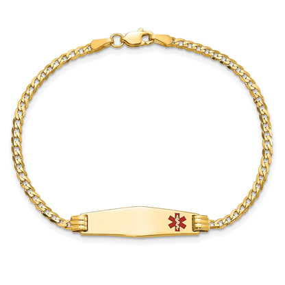 14K Medical Solid Chain/Solid Plate 26x7mm Soft Diamond Shape Off-Center Red Enamel Curb Link 7 inch ID Bracelet