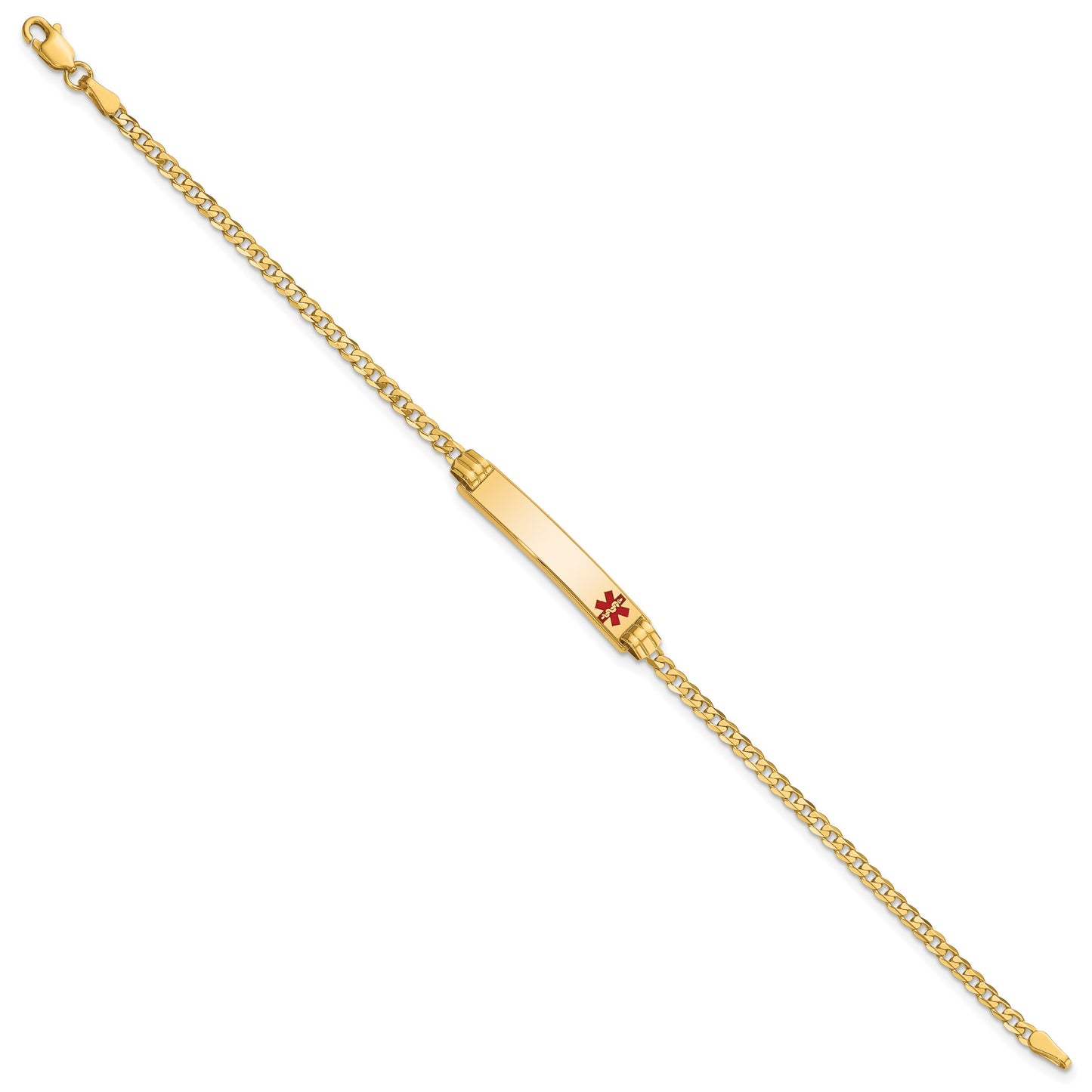 14K Medical Solid Chain/Solid Plate 26x5mm Off-Center Red Enamel Curb Link 7 inch ID Bracelet