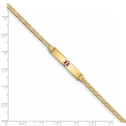 14K Medical Solid Chain/Solid Plate 26x5mm Centered Red Enamel Anchor Link 7 inch ID Bracelet