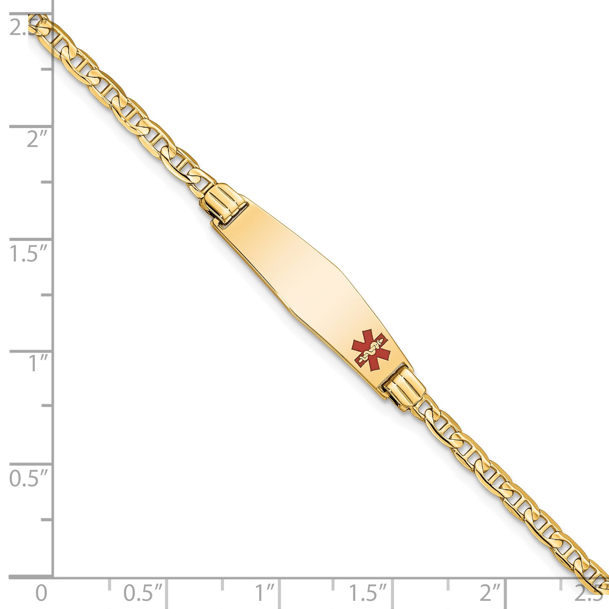 14K Medical Solid Chain/Solid Plate 26x7mm Soft Diamond Shape Off-Center Red Enamel Anchor Link 6 inch Baby/Child ID Bracelet