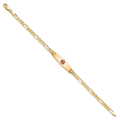 14K Medical Solid Chain/Solid Plate 24x7mm Soft Diamond Shape Centered Red Enamel Figaro Link 8 inch ID Bracelet