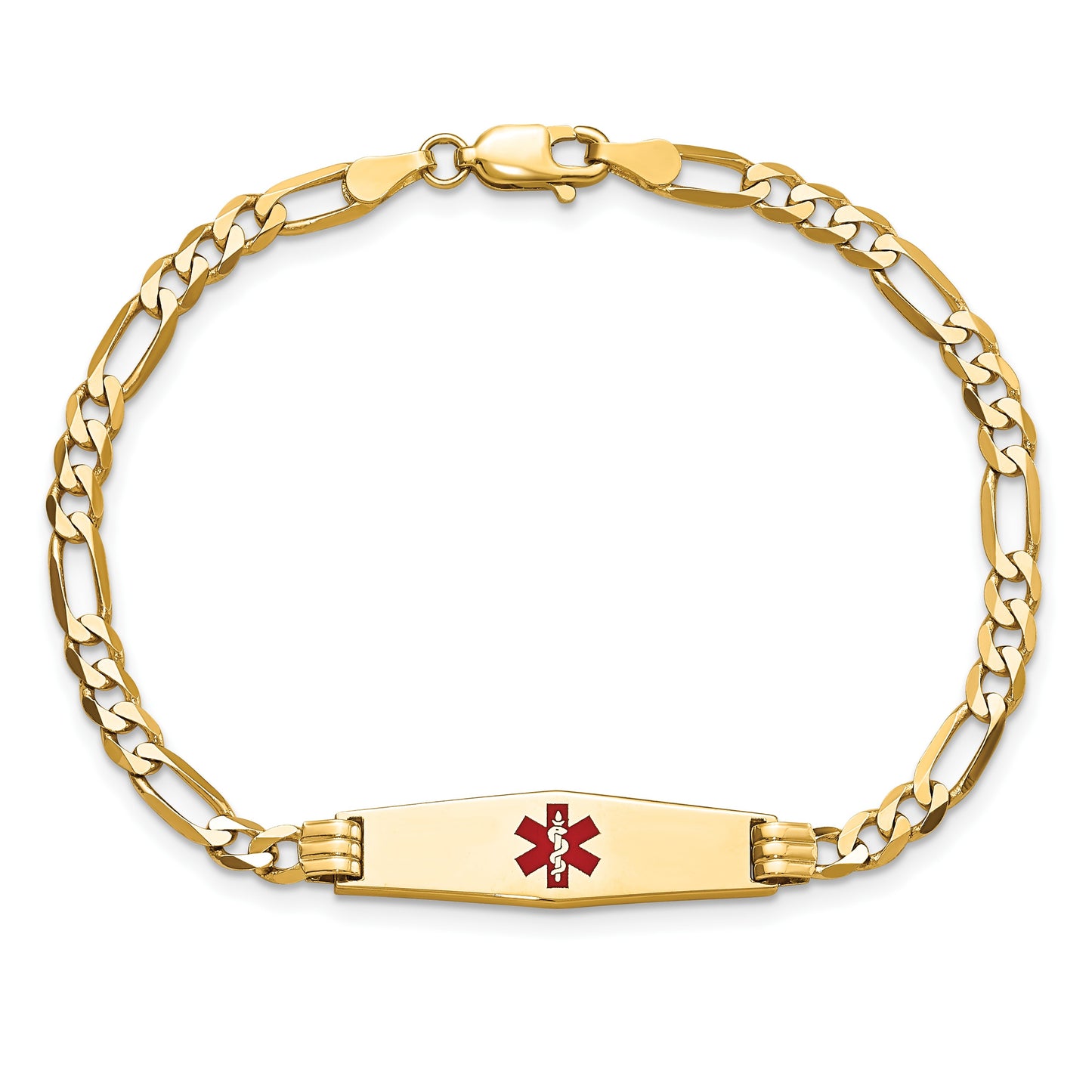 14K Medical Solid Chain/Solid Plate 24x7mm Soft Diamond Shape Centered Red Enamel Figaro Link 8 inch ID Bracelet